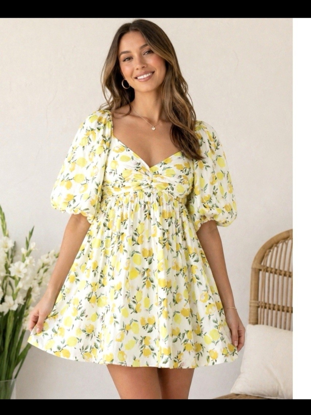 Trixxi Lemon Floral Puff-Sleeve Mini Dress - Yellow & Green